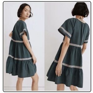 Madewell Linen-Blend Flutter Sleeve Mini Dress in green with pink embroidery